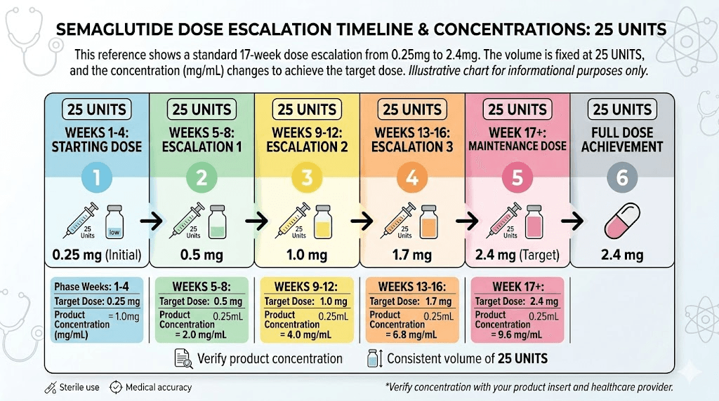Semaglutide titration schedule showing where 25 units falls at each concentration