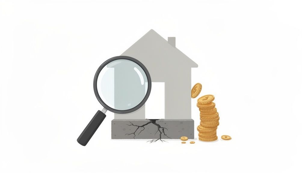 A magnifying glass inspects a cracked house foundation next to falling coins, symbolizing property damage and repair costs.