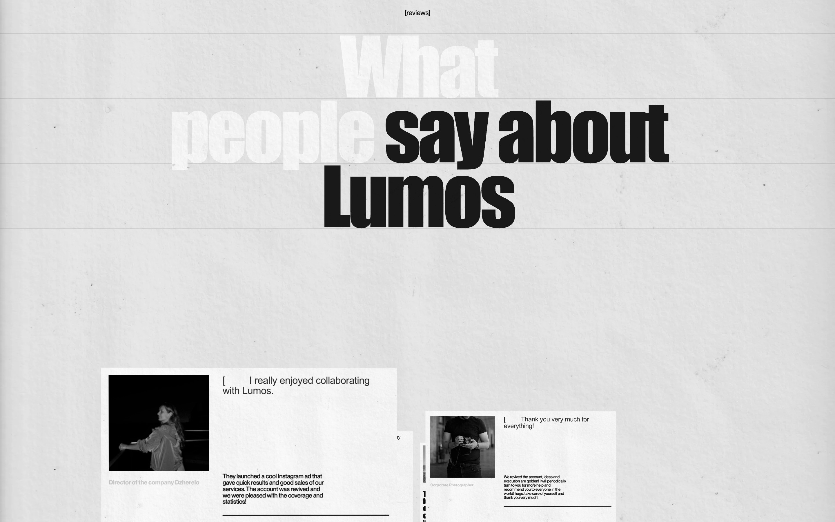 White background with bold text: "What people say about Lumos." Two testimonial boxes with black and white images below.