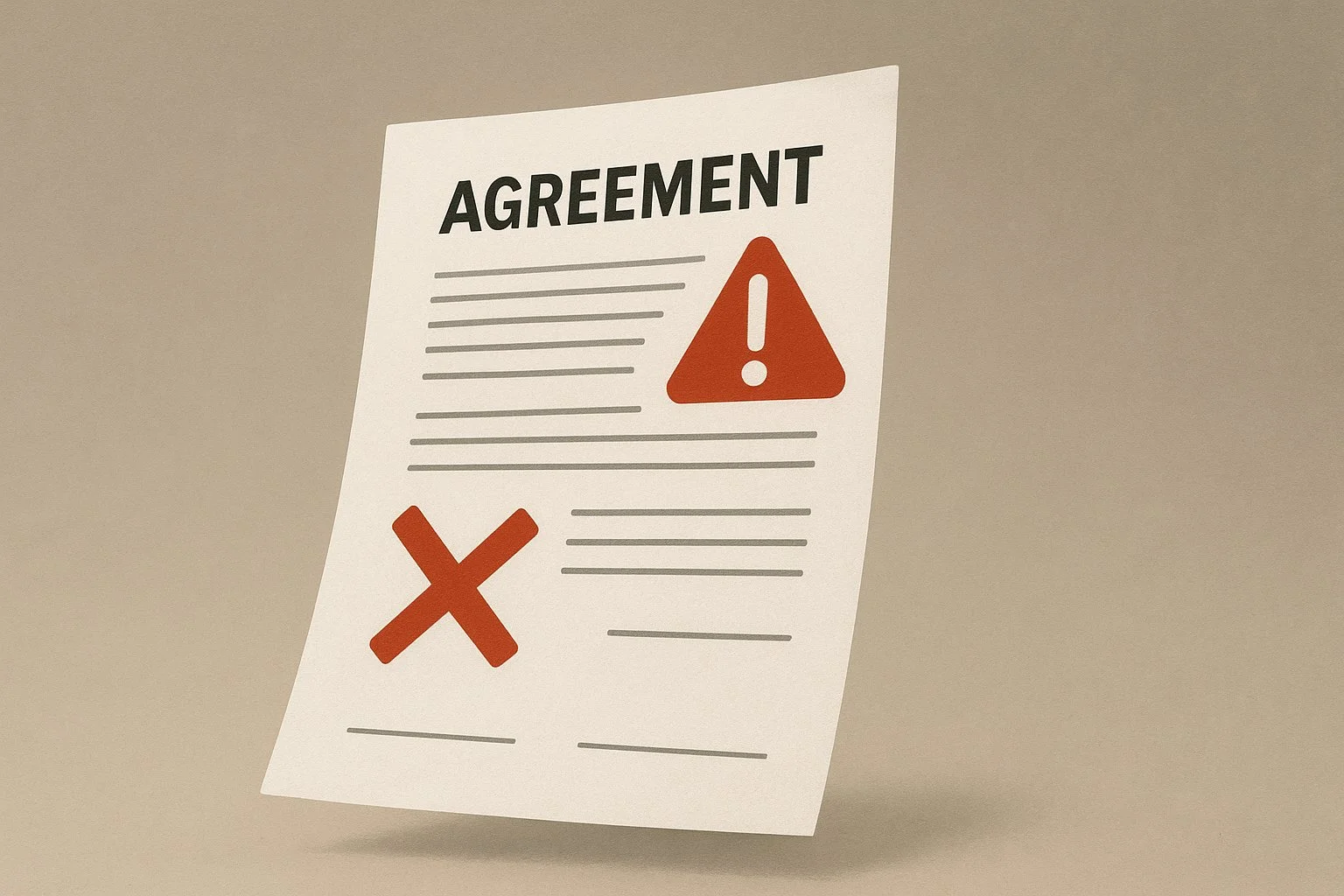 Document floating with blank signature lines, missing stamps, and red warning marks, symbolizing the risk of unsigned agreements.