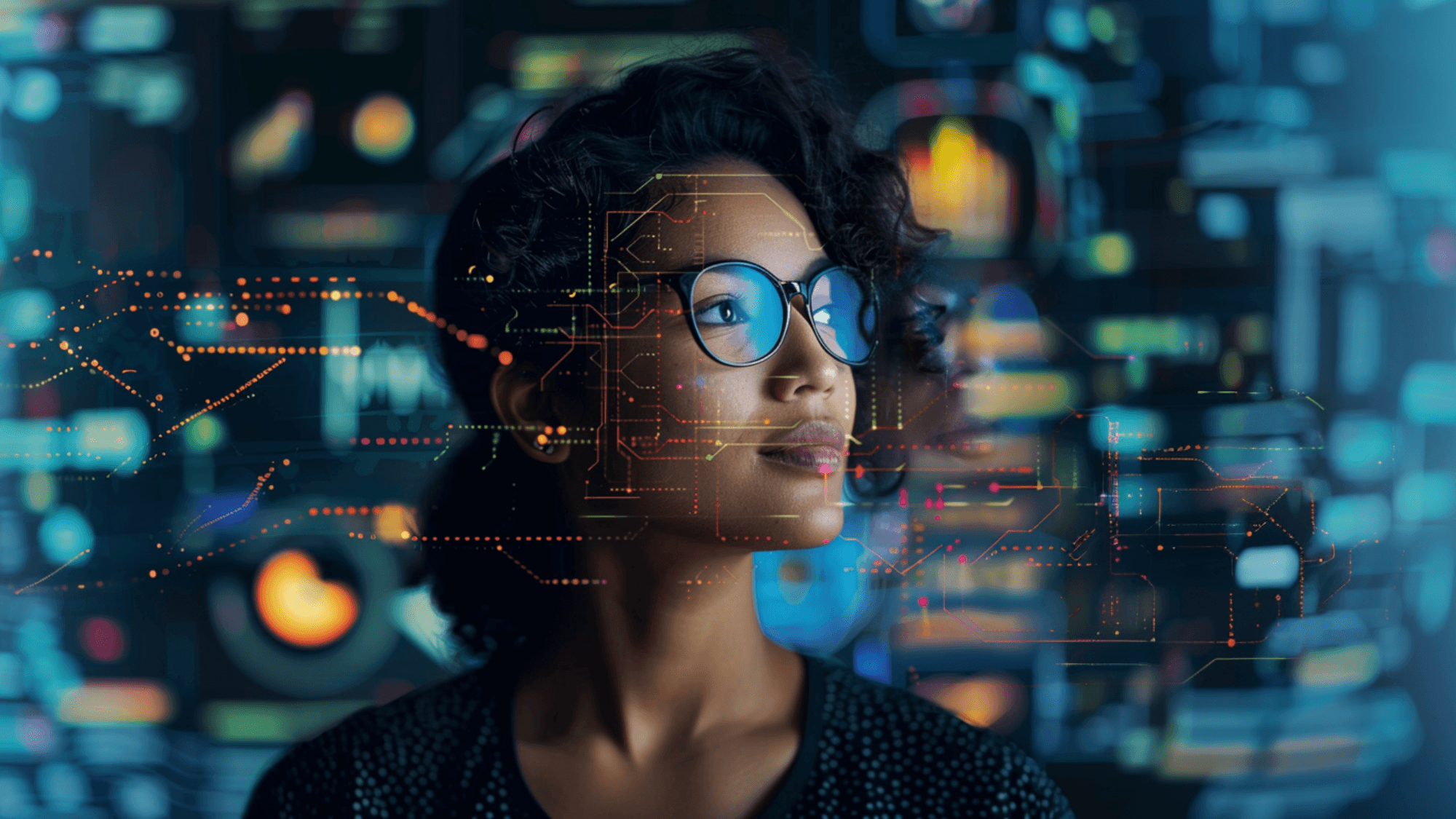 A person with glasses in front of computer and tech graphs with a tech graphic along their face 