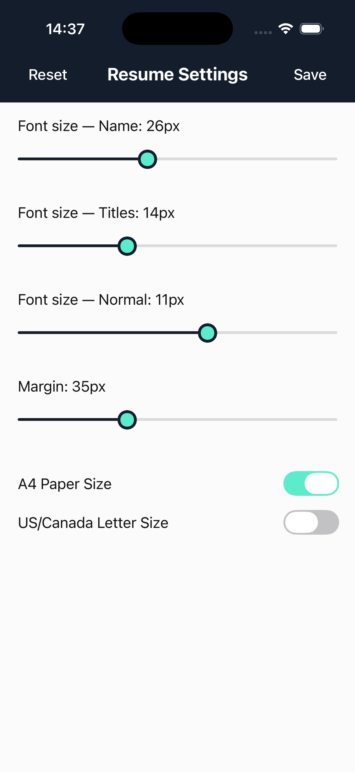 CV Settings screen of the CV Engineer app