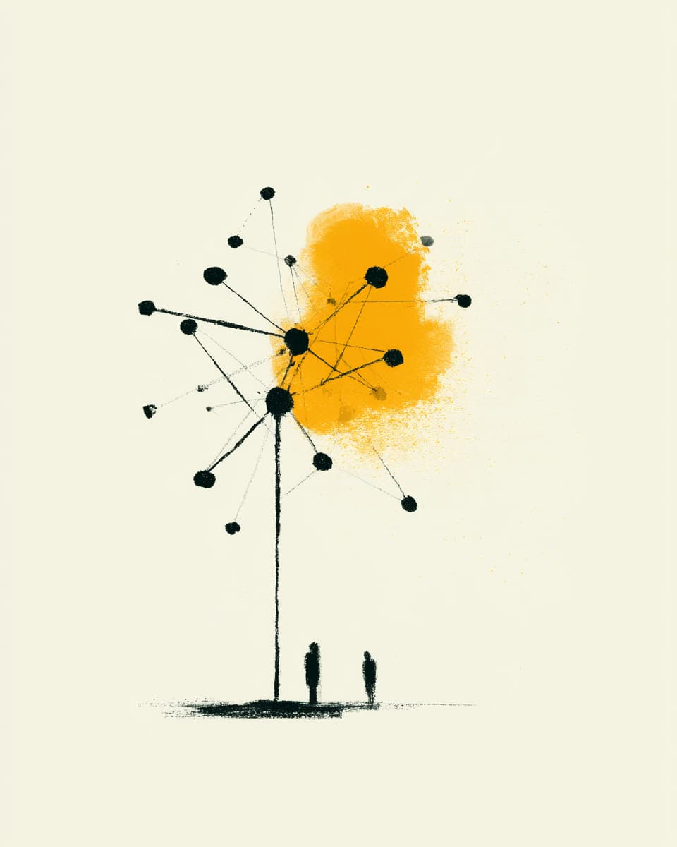 Abstraktes Kunstwerk mit Netzwerk-Struktur, zwei Personen darunter. Moderne Illustration