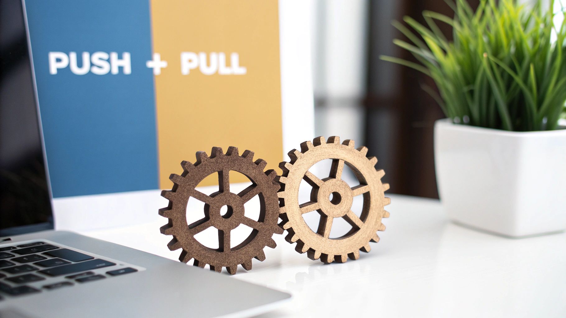 Twee houten tandwielen op bureau met laptop scherm met tekst push plus pull strategie