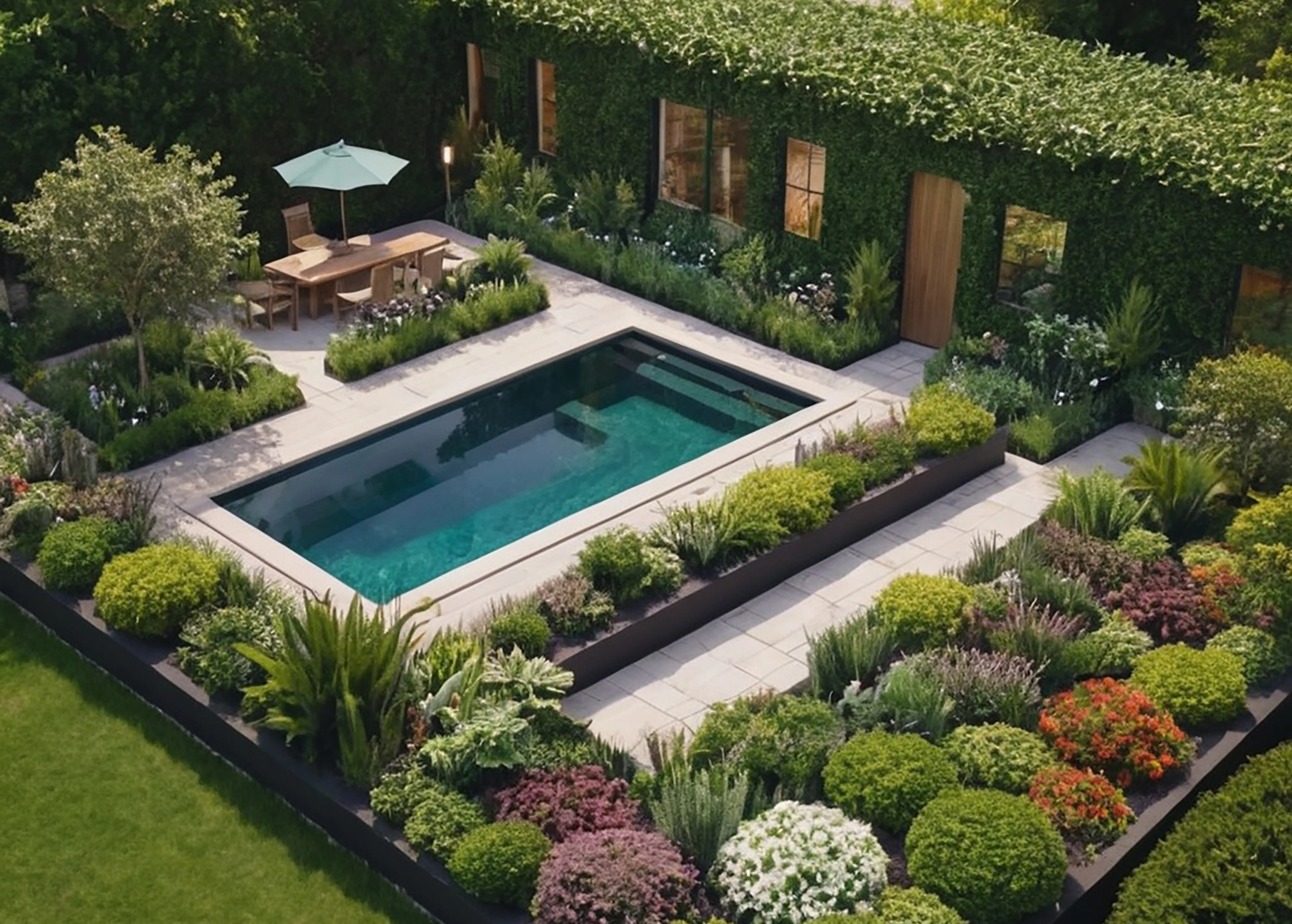 Luxury rectangular swimming pool surrounded by manicured garden landscaping and a private patio dining area.