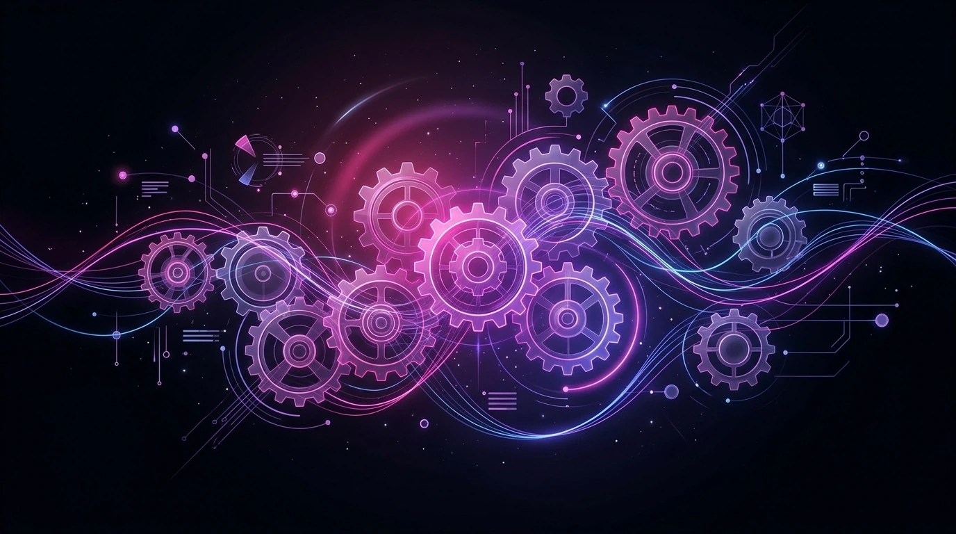 Cinematic, high-end agency-style digital illustration of interconnected systems with semi-transparent gears and flowing data paths, glowing in magenta and electric violet against a deep black atmospheric background.