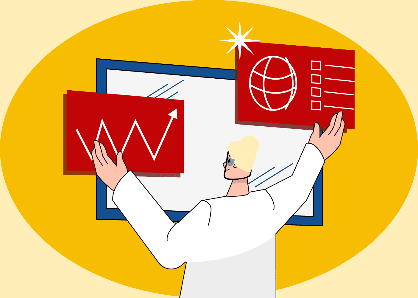 Illustration of a professional analyzing charts and global data, representing a strategic approach to enterprise B2B marketing.