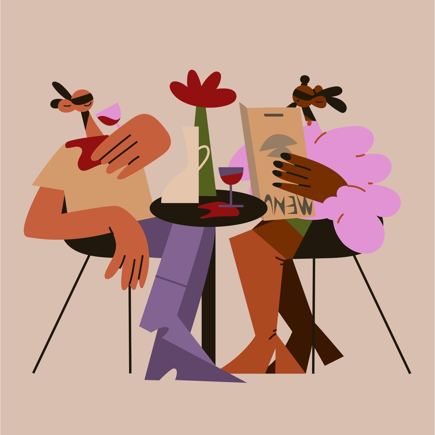 stylised illustration of 2 people sitting around a table that has a jar and a vase with a flower on it, and a glass of wine that's spilling. One of the characters is holding a menu upside down.