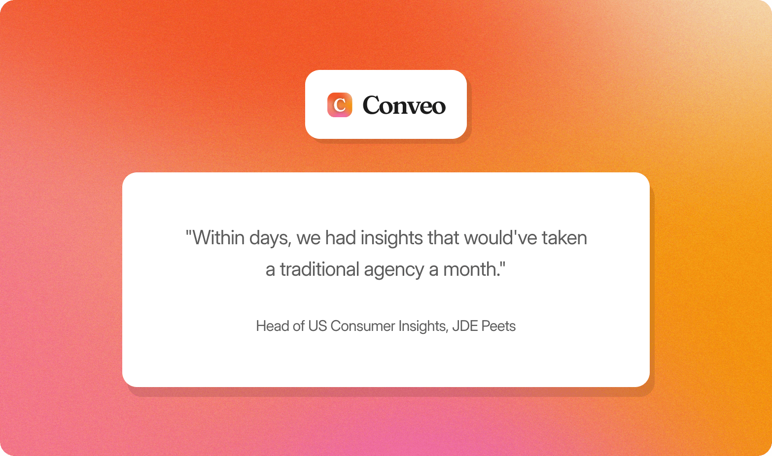 Conveo logo above a customer quote card on an orange gradient background from the Head of US Consumer Insights at JDE Peets, noting that Conveo delivered insights within days that would have taken a traditional agency a month.