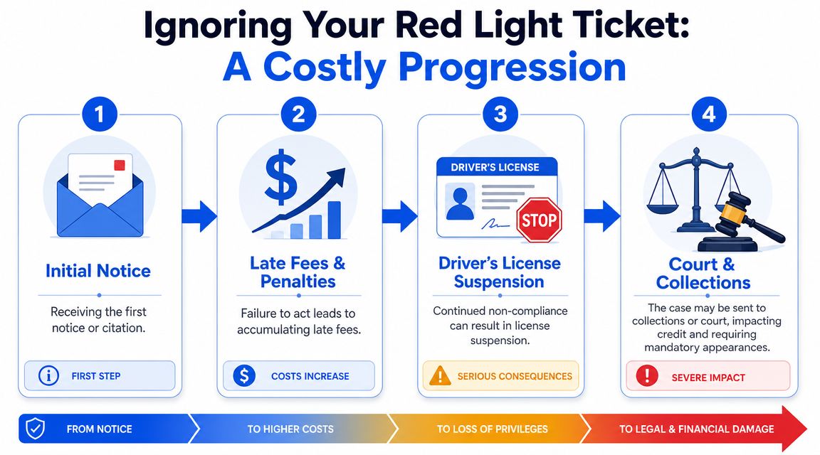 A four-step infographic illustrating the progressive consequences of ignoring a red light traffic ticket.