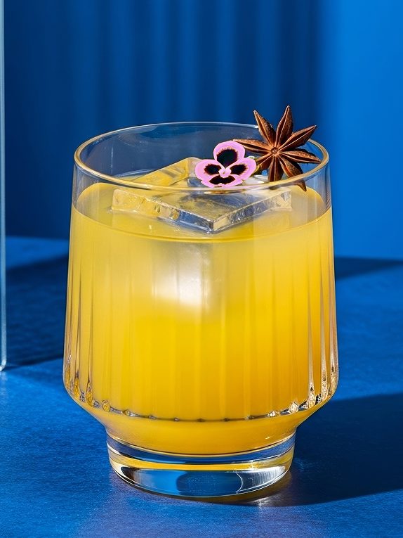 A vibrant yellow cocktail served in a ribbed glass with ice cubes, decorated with a pink flower and a star anise on top, against a blue background.