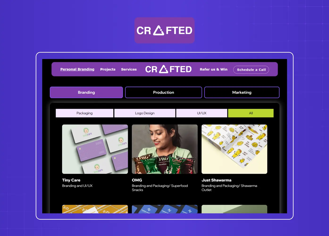 Portfolio website by Crafted featuring categorized work across branding, production, marketing, and AI services.