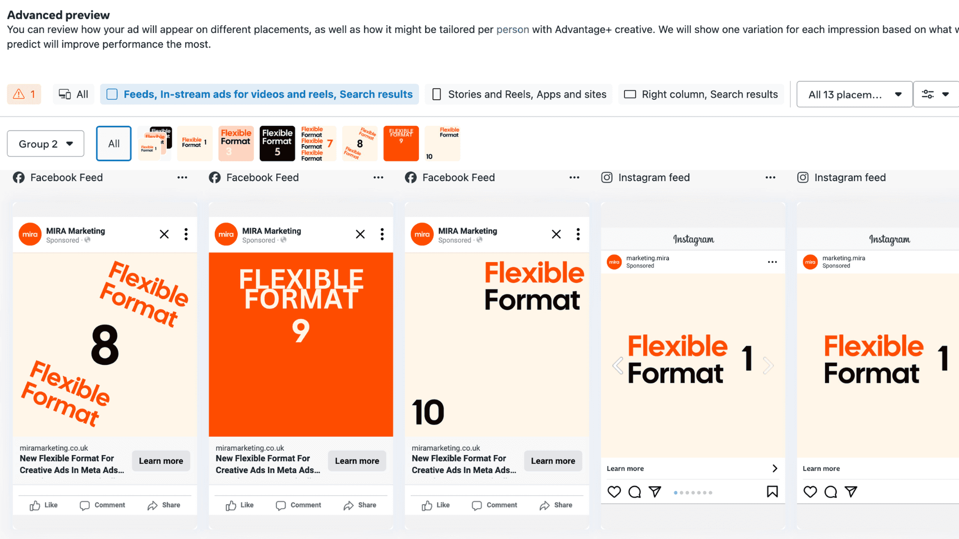Previews of Meta ads using the flexible format
