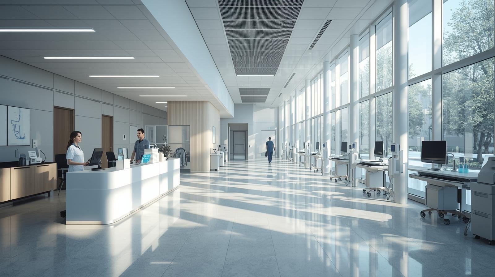 Realistic photo of a modern healthcare facility with clean architecture and advanced medical infrastructure.