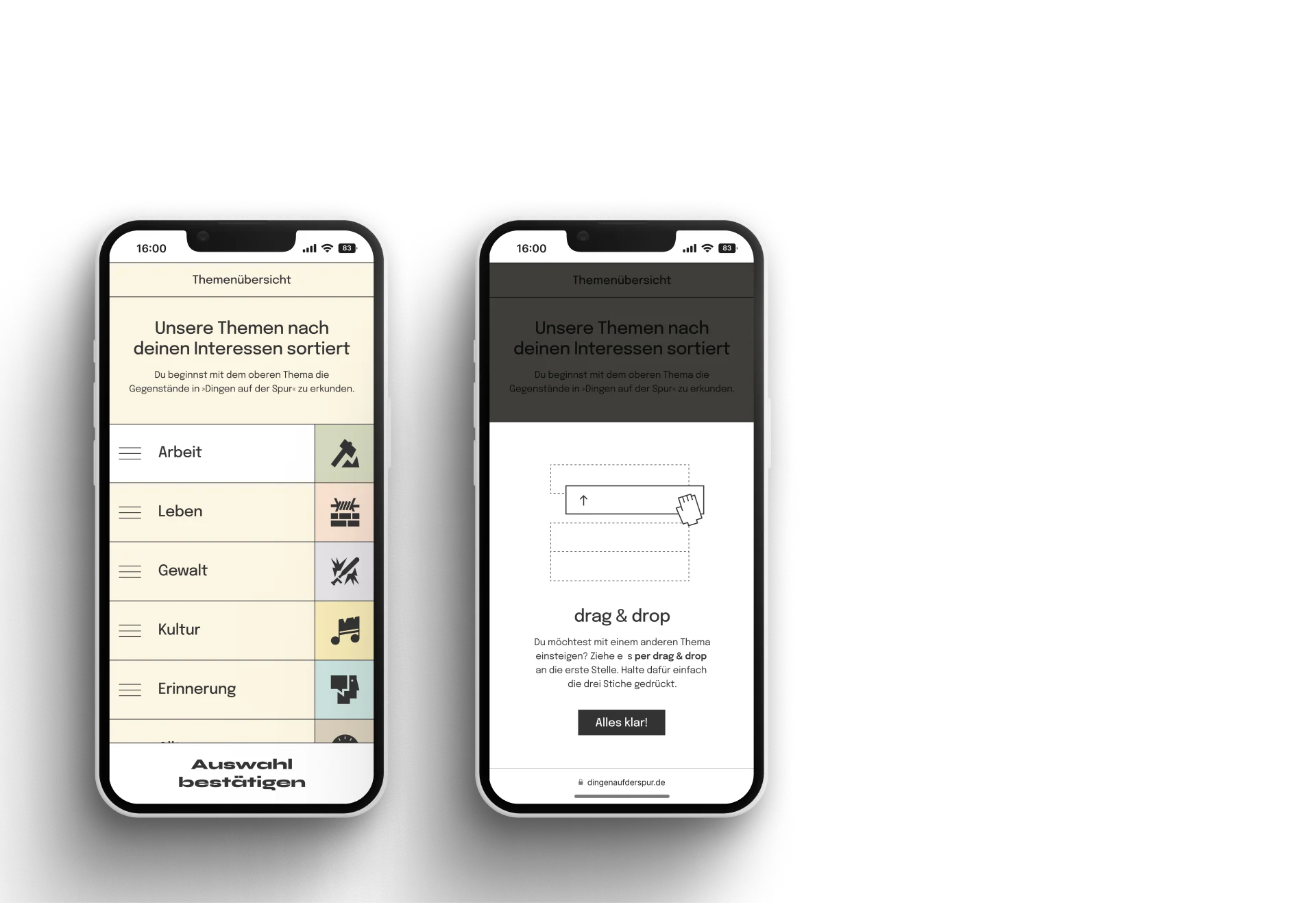 Screen der Themenauswahl für die Web-App der KZ-Gedenkstätten Buchenwald und Sachsenhausen