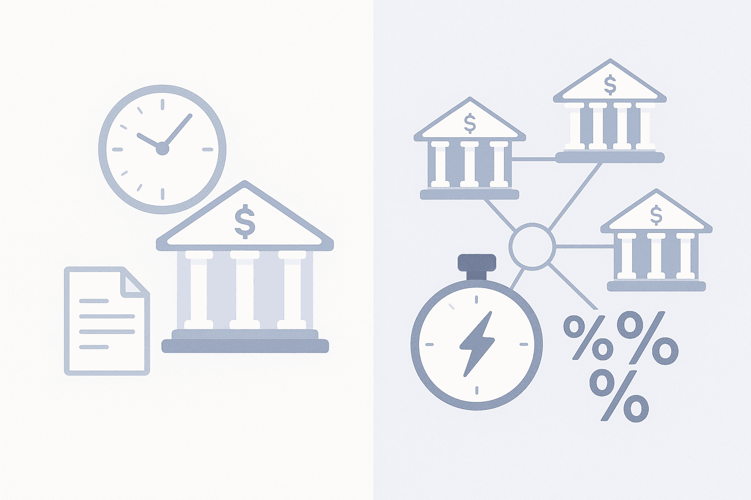 Split-screen vector compares slow single-bank process with Chestnut AI’s fast multi-lender network and lower rates