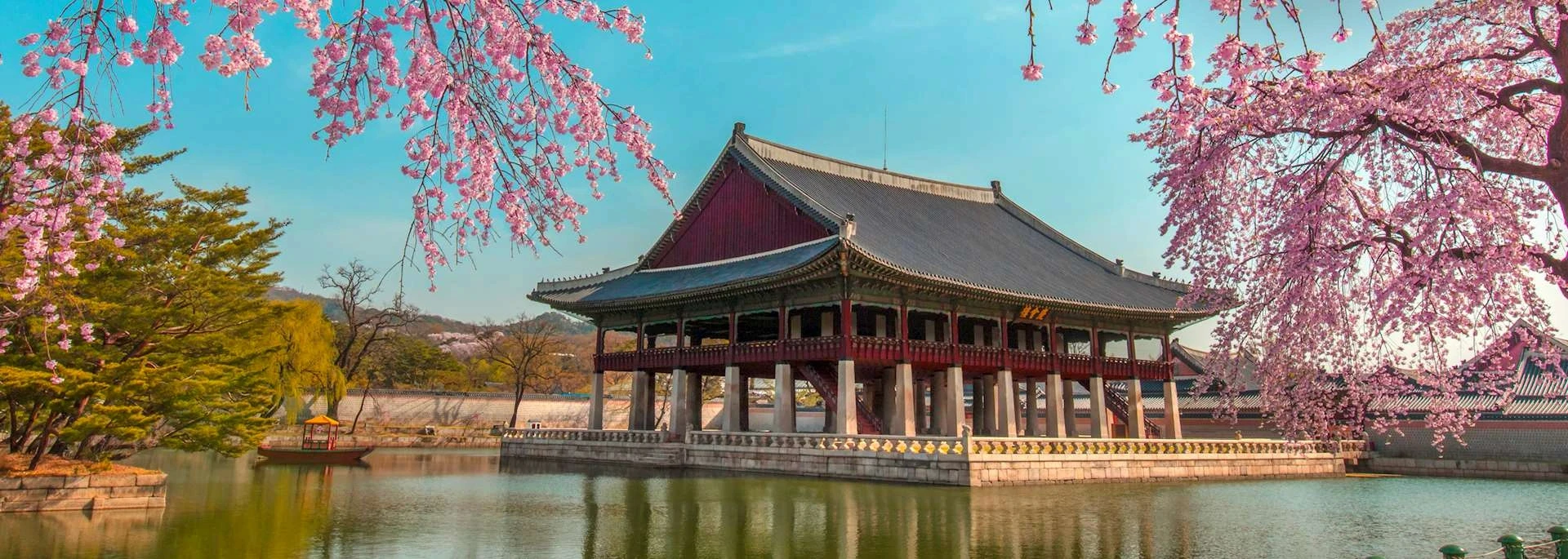 Palace pavilion amid cherry blossoms
