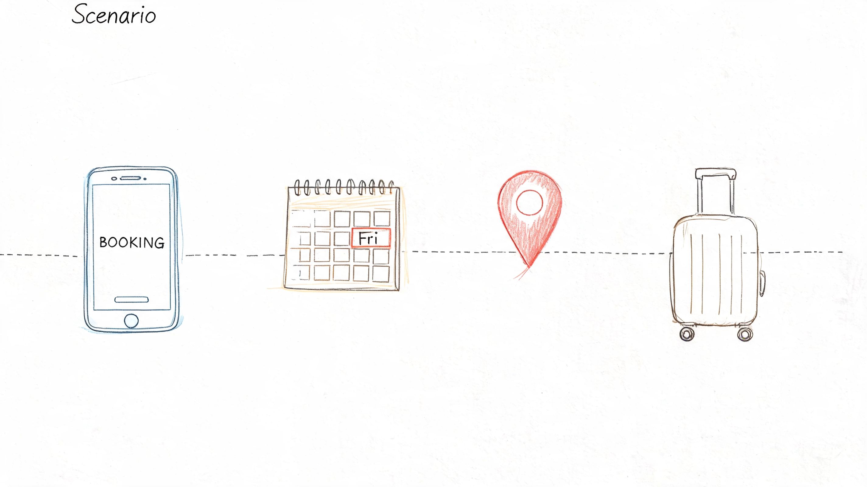 A hand-drawn illustration depicting a travel booking process with a phone, calendar, location pin, and suitcase.