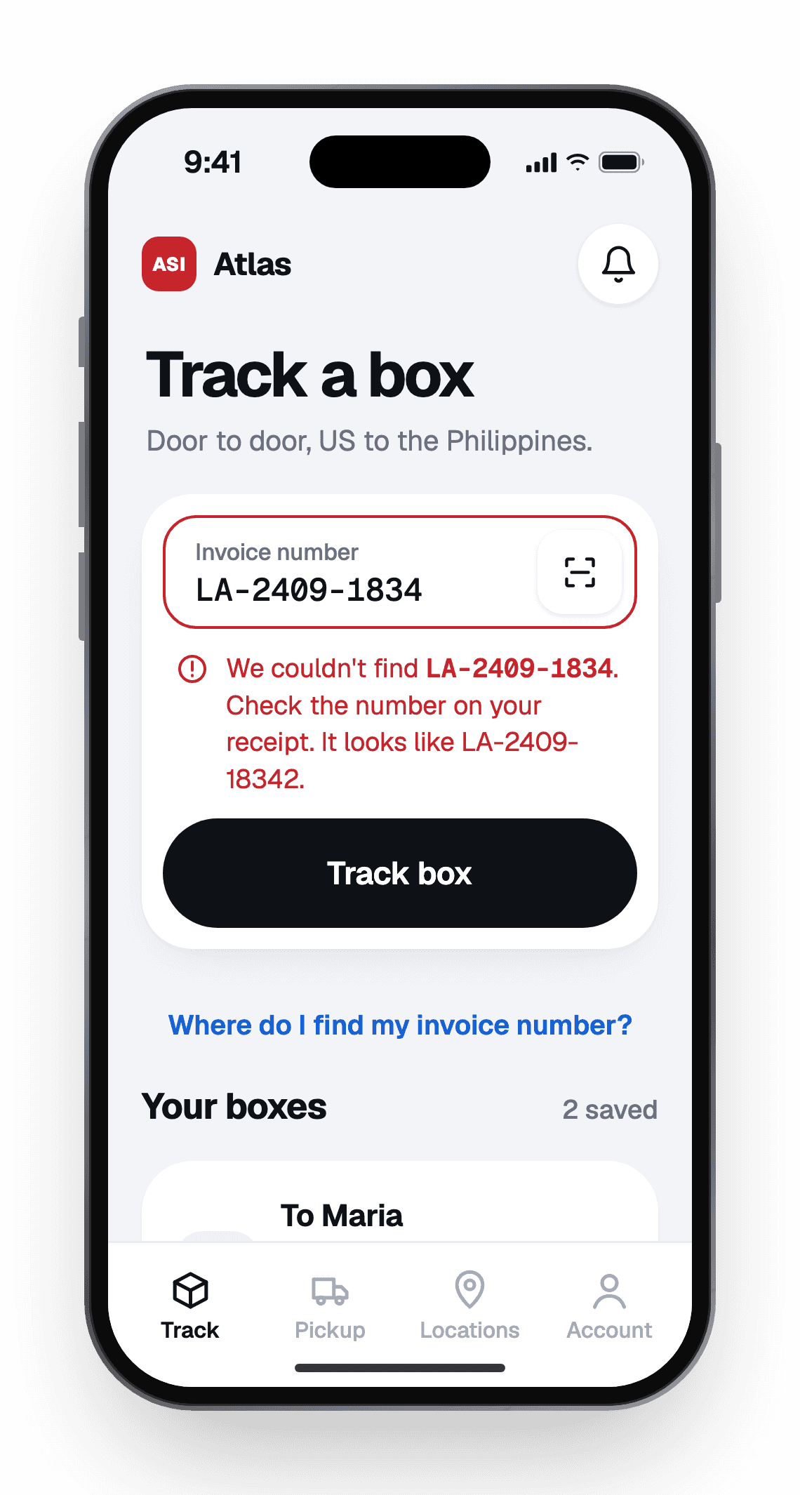 Box tracking error showing the unrecognized invoice number and guidance on the expected number format.