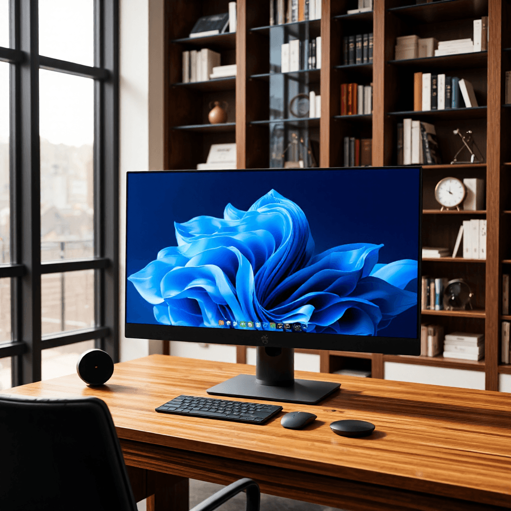 product photography of a desktop computer with an all-in-one design, featuring a large display and integrated speakers