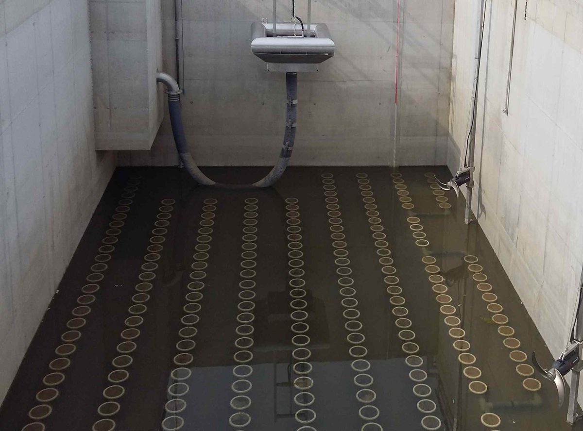 Aeration diffusers and BIODEC S 200 decanter in a drained CYCLATOR basin at Kall Ingredients, Tiszapüspöki, Hungary