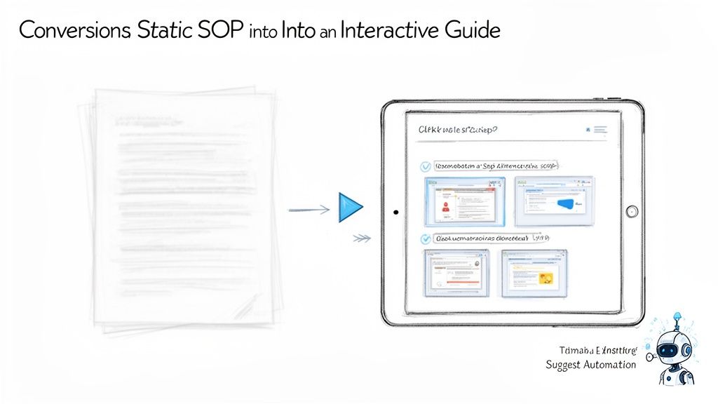 Visualizing the conversion of static SOP documents into an interactive digital guide on a tablet device.