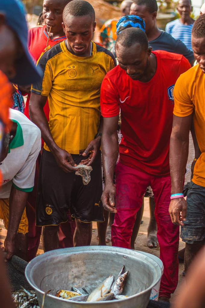 A group of men gathered around a large metal basin filled with freshly caught fish, cleaning and preparing their catch, amidst a bustling outdoor market setting.