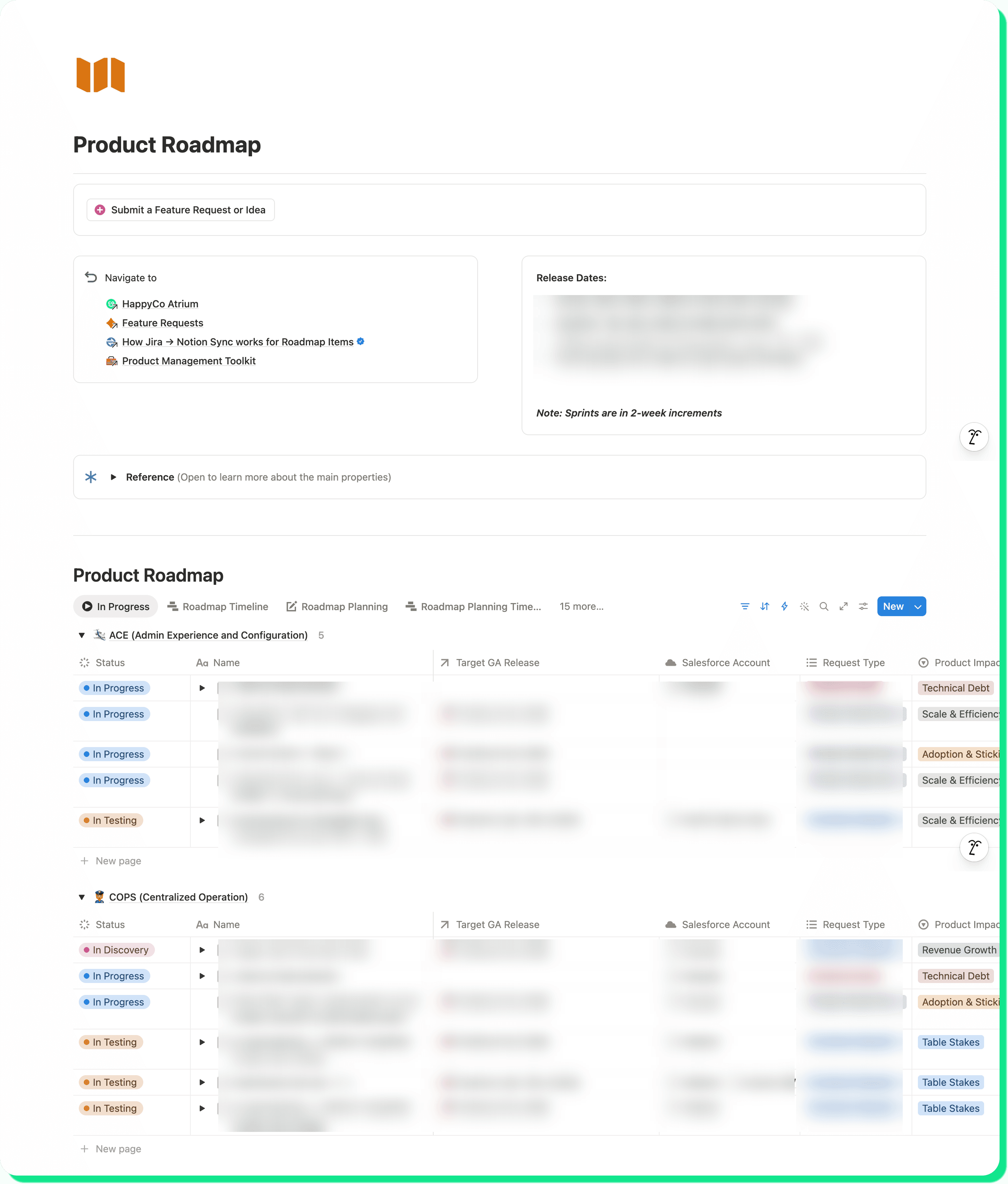 HappyCo's product roadmap inside their Notion workspace built by Optemization
