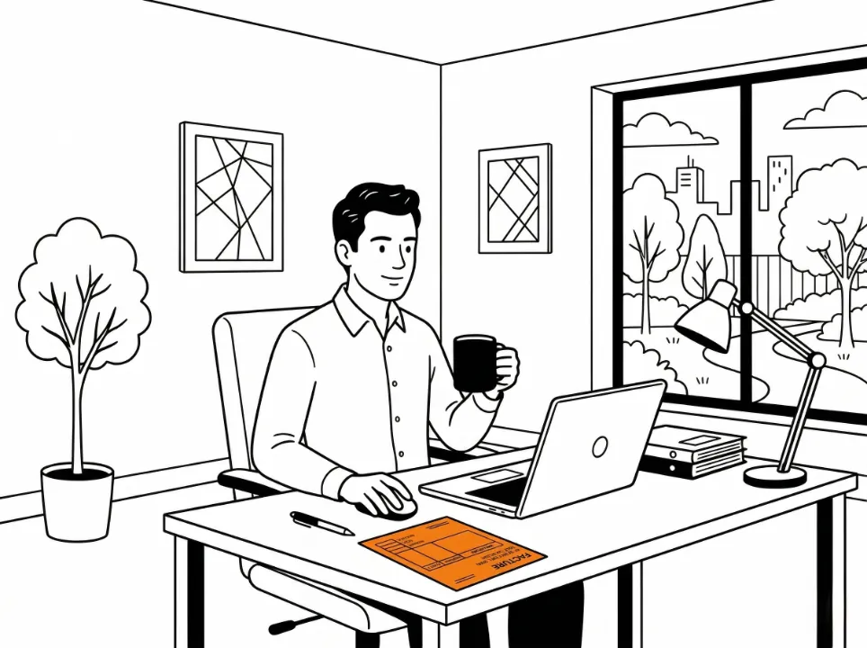 Chef d'entreprise travaillant sur son ordinateur portable à un bureau, tenant une tasse, avec une facture orange en évidence.