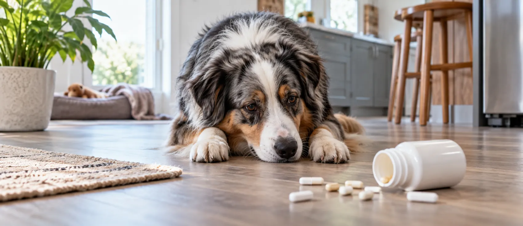 A dog lies on the floor beside a spilled pill bottle and scattered tablets.