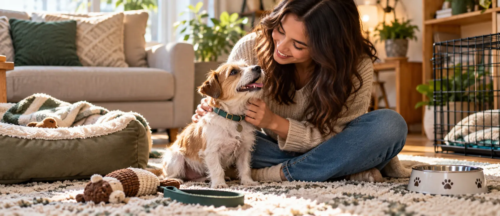 Smiling woman playing with a small dog on the living room floor beside a crate and toys.