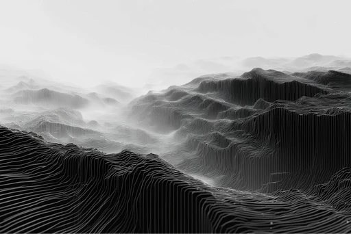 Black and white image of a mountain range with a futuristic, computer-generated aesthetic.