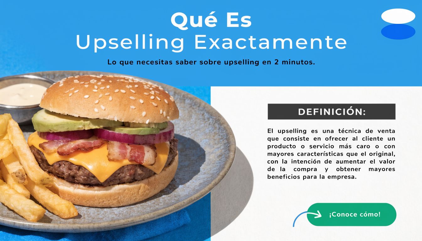 Una hamburguesa con queso y aguacate en un plato con papas fritas para explicar qué es el upselling.