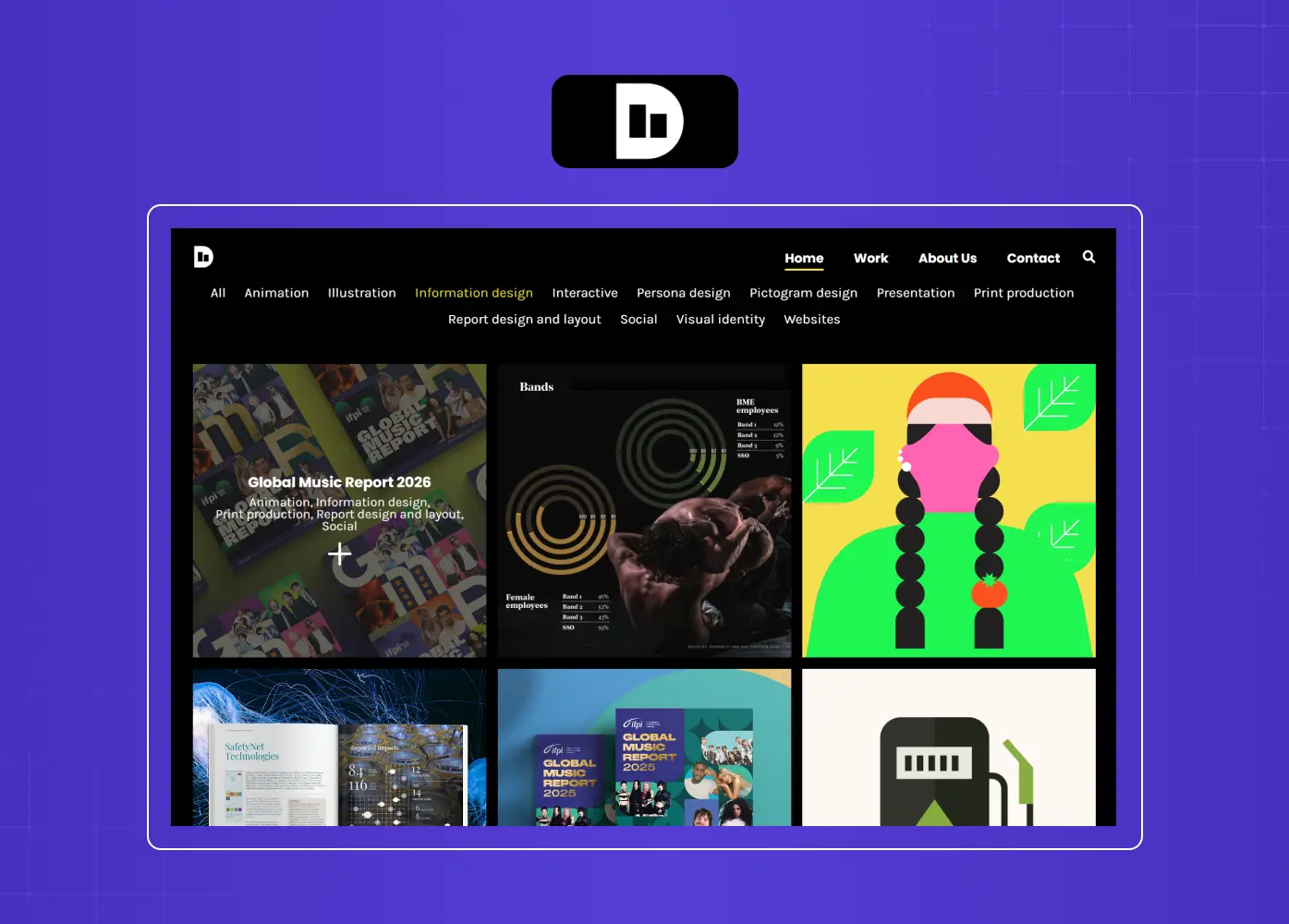 Curated gallery of information design projects featuring visual storytelling, data visualization, branding, and editorial design work.