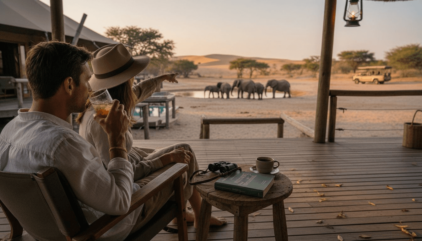 Couple enjoying view from safari lodge terrace