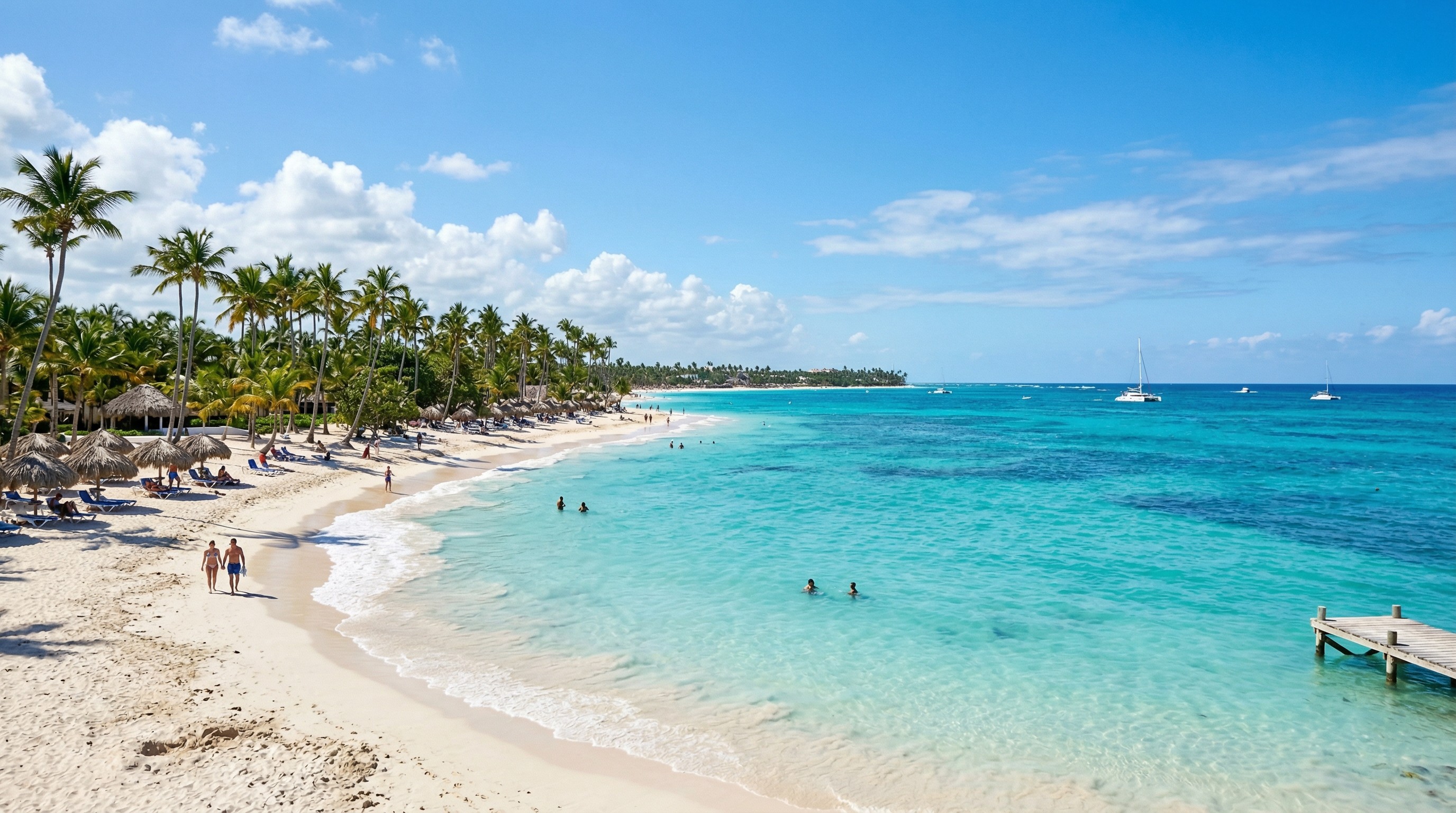 Caribe Ocean Tropical white sand beach with palm trees and clear turquoise water