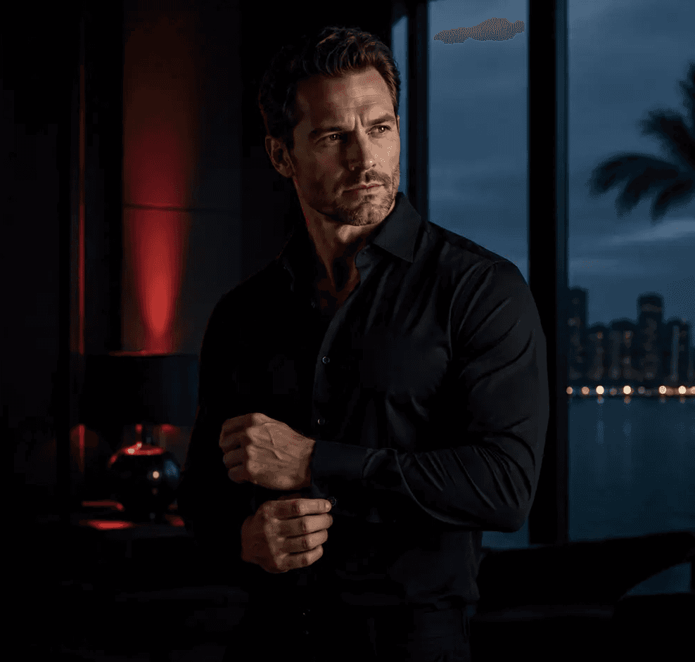 Man in dark clothing in a dimly red-lit room