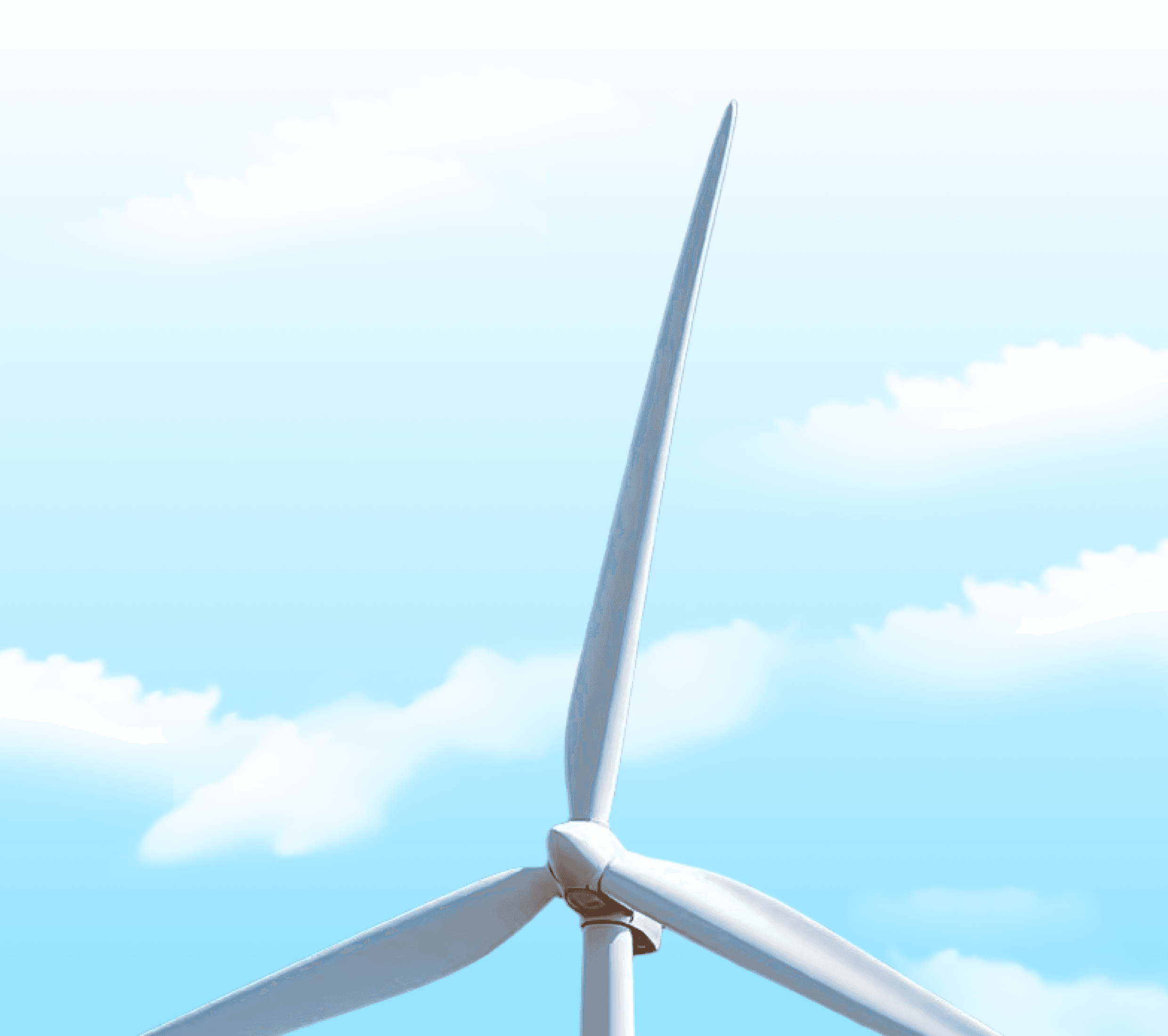 Close-up of a wind turbine against a blue sky with clouds