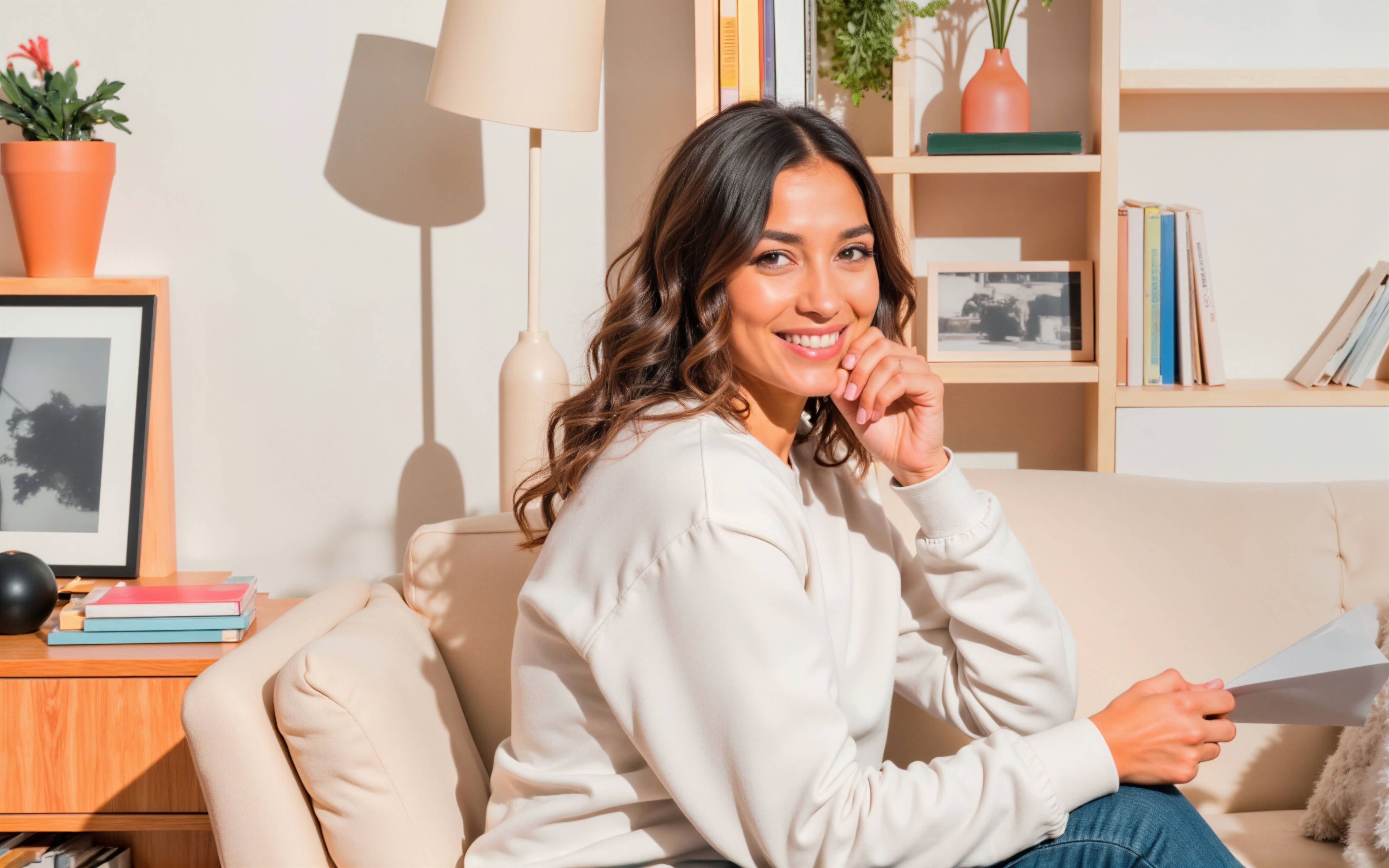 Woman sitting on a couch, smiling into the camera, in a colorful and bright art studio