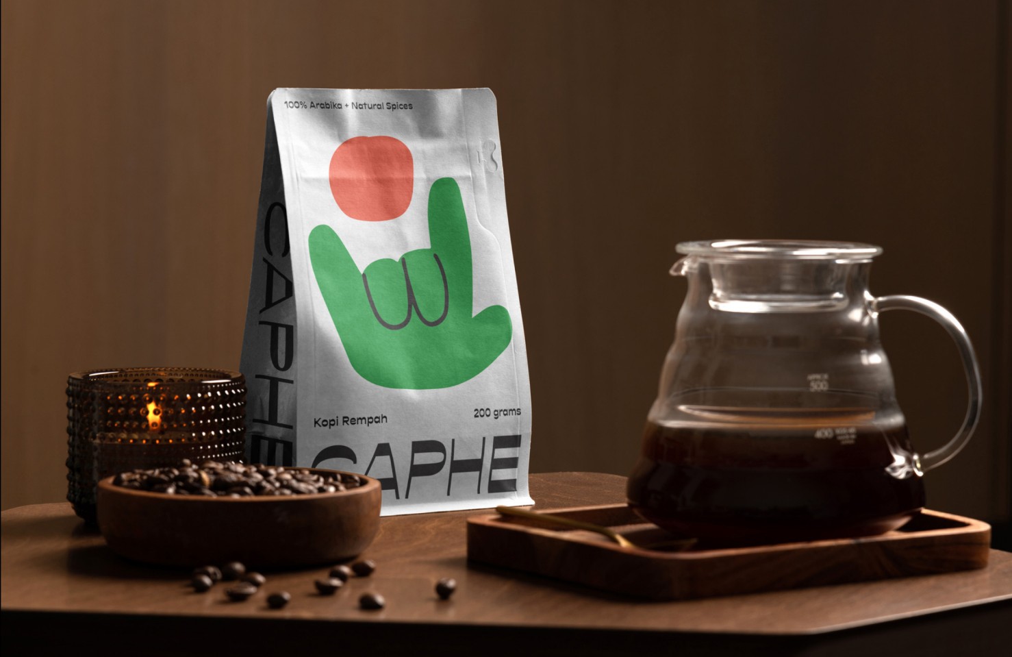 Caphe packaging on a table with coffee