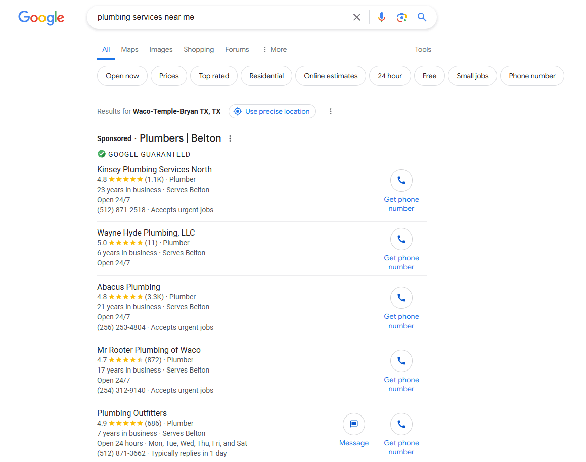 google local service ads for plumbing services near me
