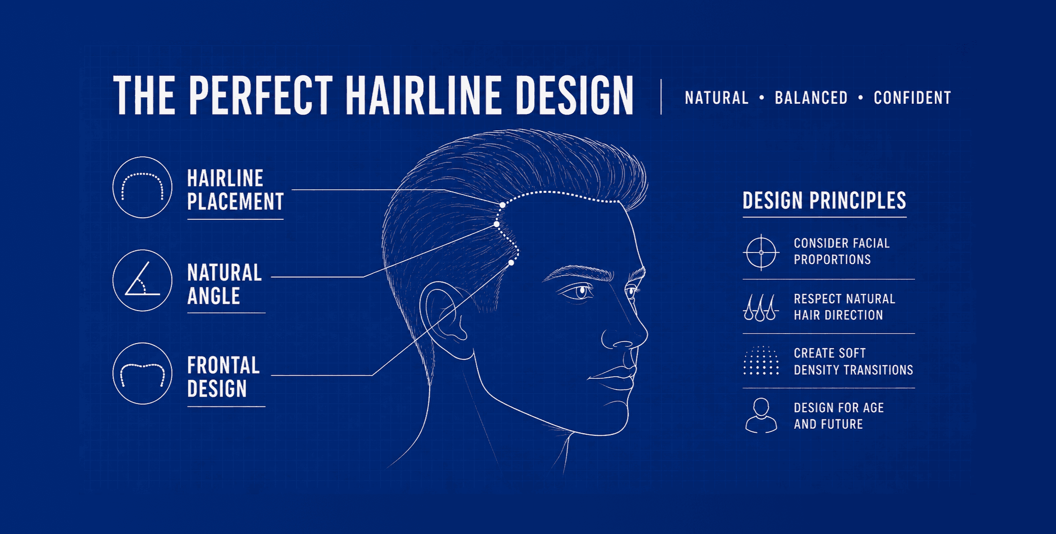 Blueprint-style illustration of a male side profile showing the principles of natural hair transplant hairline design, including frontal shape, hairline angle, and facial balance.