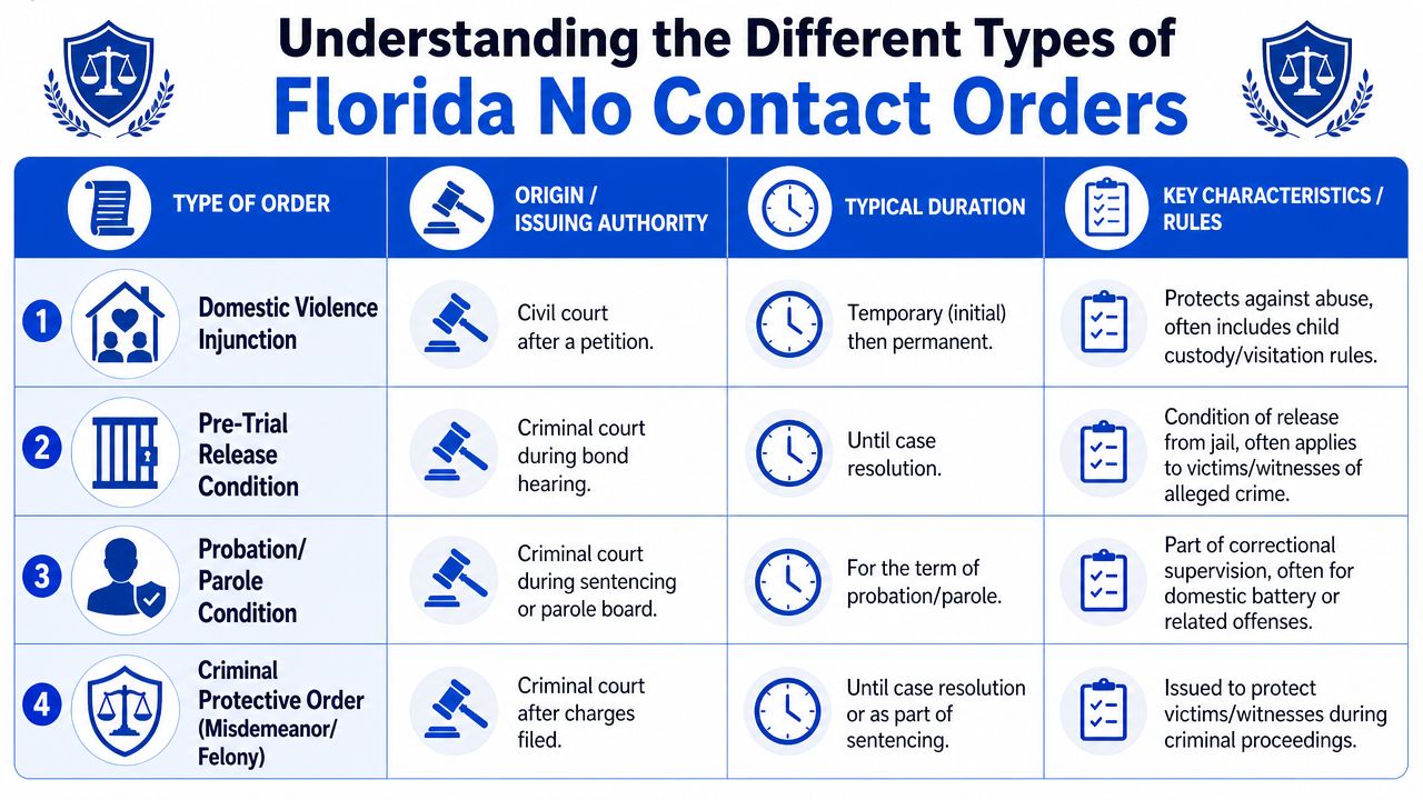 A chart explaining four different types of Florida no contact orders, their origins, durations, and key characteristics.