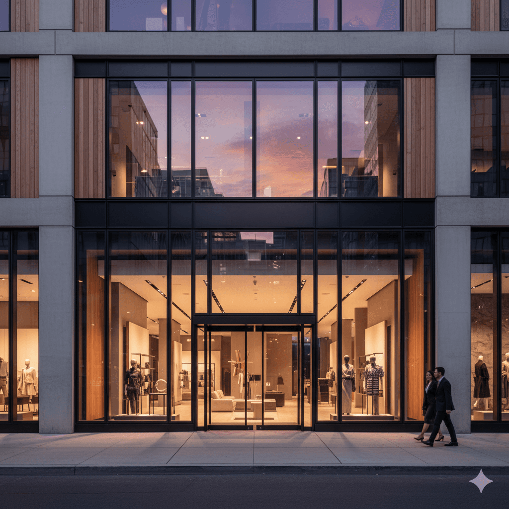 A modern hallway features vibrant teal and orange geometric and leaf patterns, with glossy tiled floors, a large rectangular light fixture, and a small shelf holding a potted plant, all leading to a large, frosted window at the end.