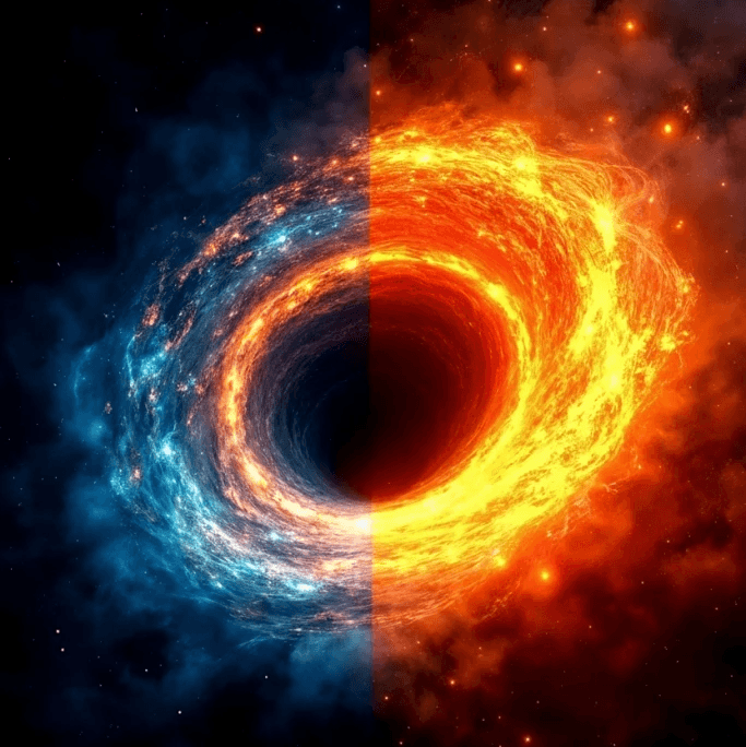 "A visual representation of key concepts, where a circular outline divides a background split between cool blue and fiery orange. Inside the circle, a cluster of yellow, rounded tags with stylized icons display words such as 'NeuroScience,' 'Precision,' 'Unfair Advantage,' 'Sabotage,' 'Algorithmic,' 'Customer Focus,' 'Overclocked,' 'Dominance,' 'Invisibility,' 'Omnipresence,' and 'Velocity,' suggesting a blend of strategic, technological, and aggressive attributes."
