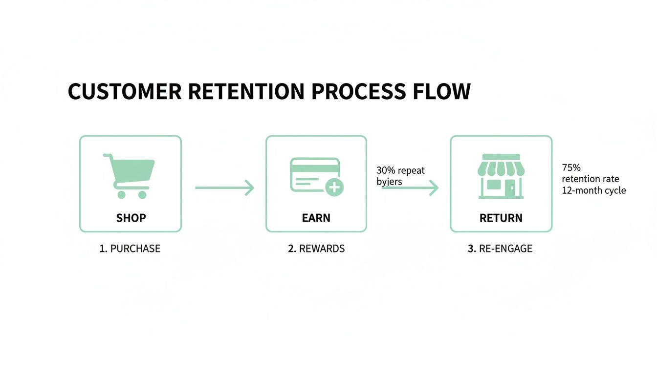A customer retention process flow diagram illustrating Shop, Earn rewards, and Return for re-engagement.