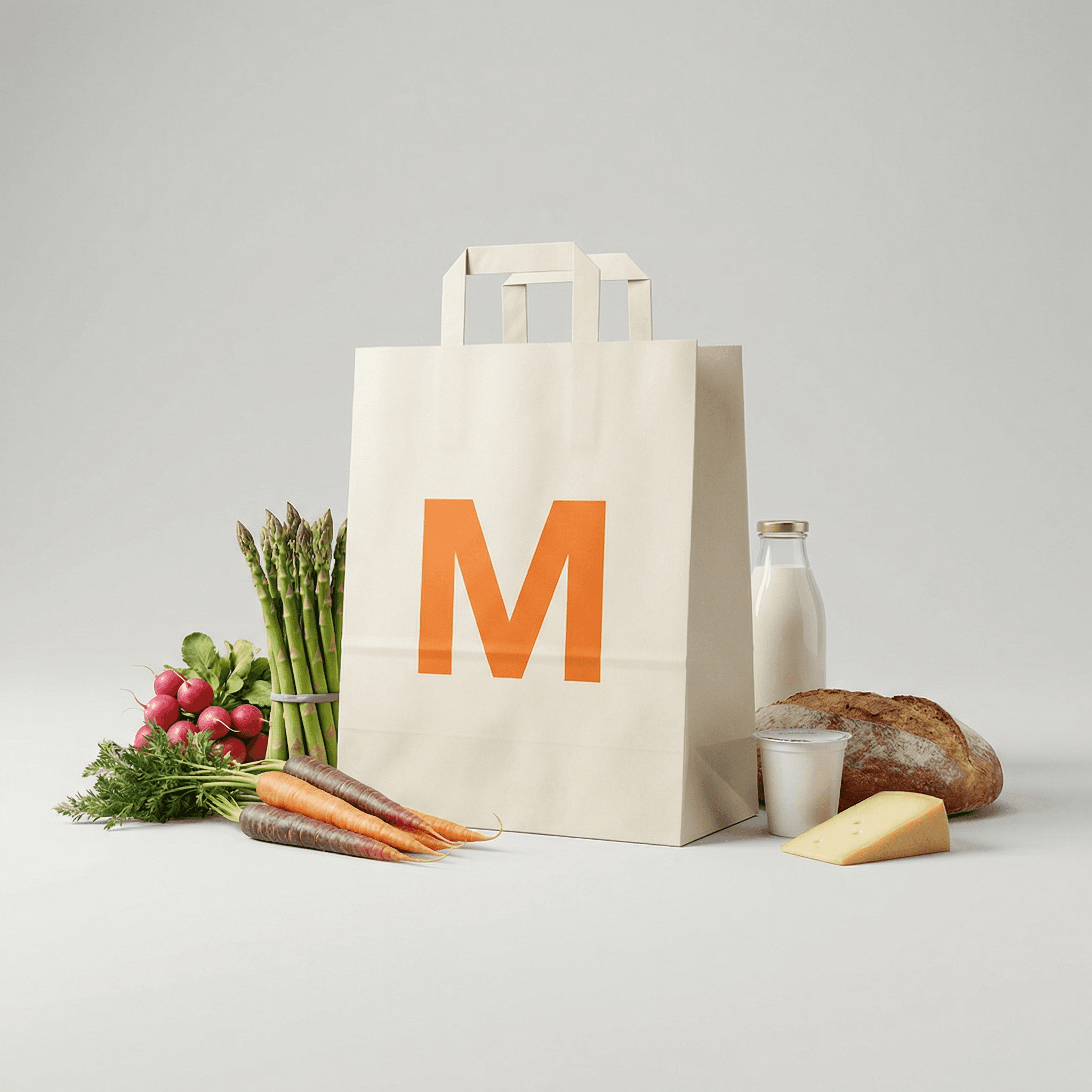 KI-Produktfotografie: Migros-Einkaufstüte mit frischem Gemüse und Brot – AI-generiertes Werbevisual für Schweizer Lebensmittelmarke