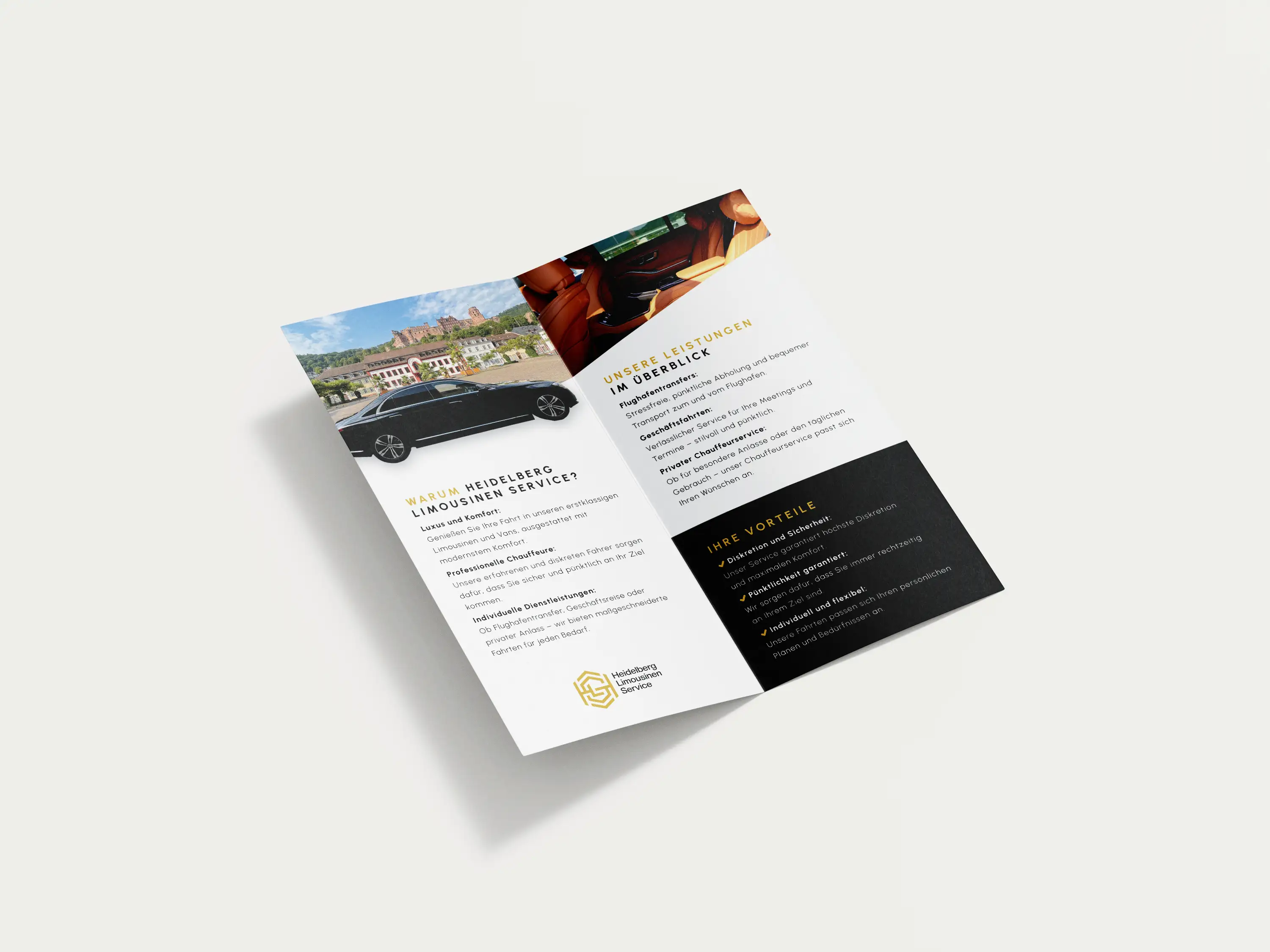 Innenseite des Flyers mit Leistungen wie Flughafentransfers, Geschäftsfahrten und privatem Chauffeurservice