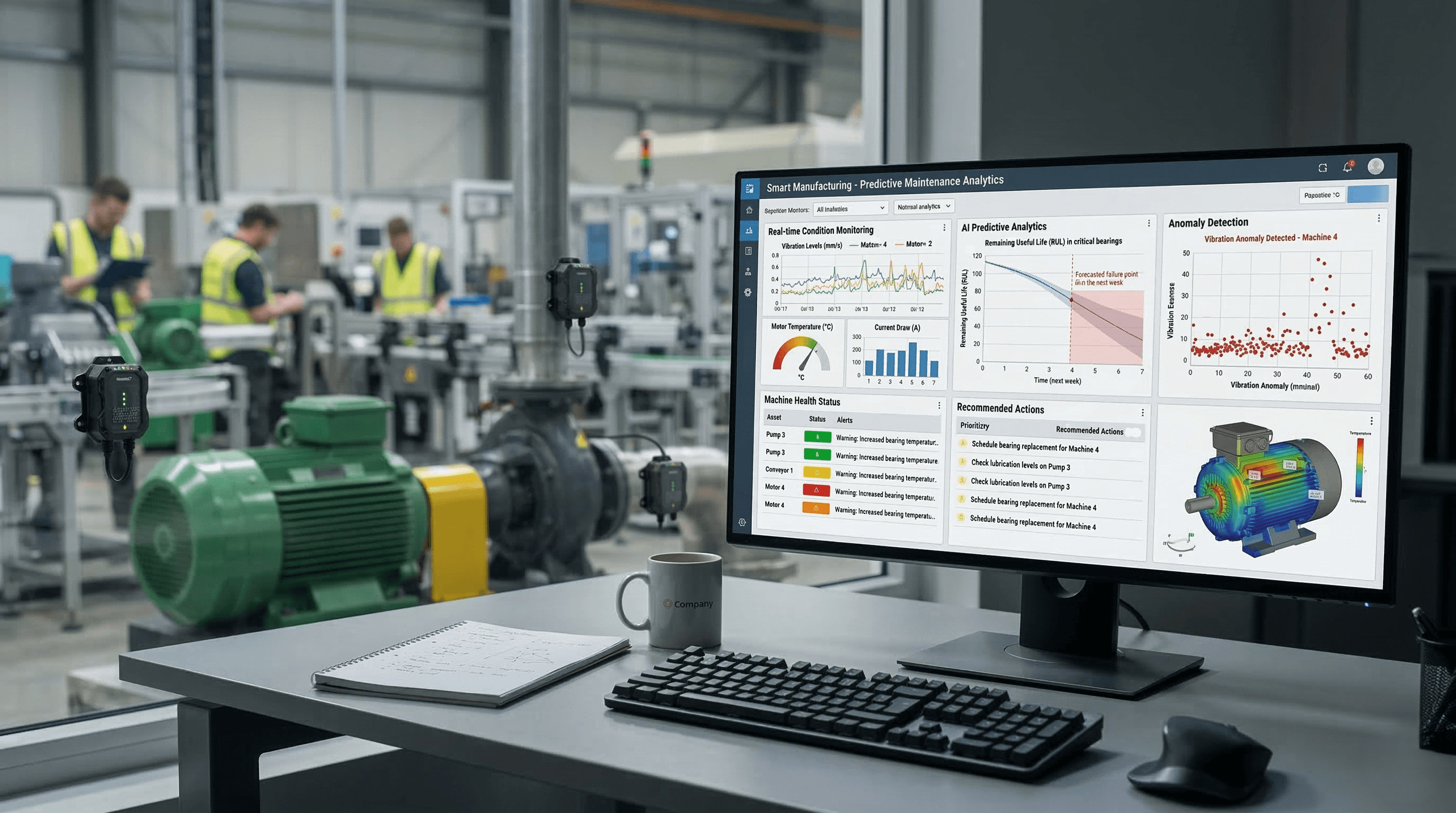 A man stands while two people sit at a table in an office setting, smiling and engaged in conversation. The mood is friendly and collaborative.