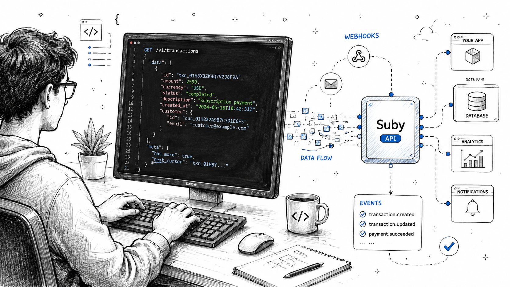 A person coding in front of a computer screen showing API documentation and suby backend architecture.